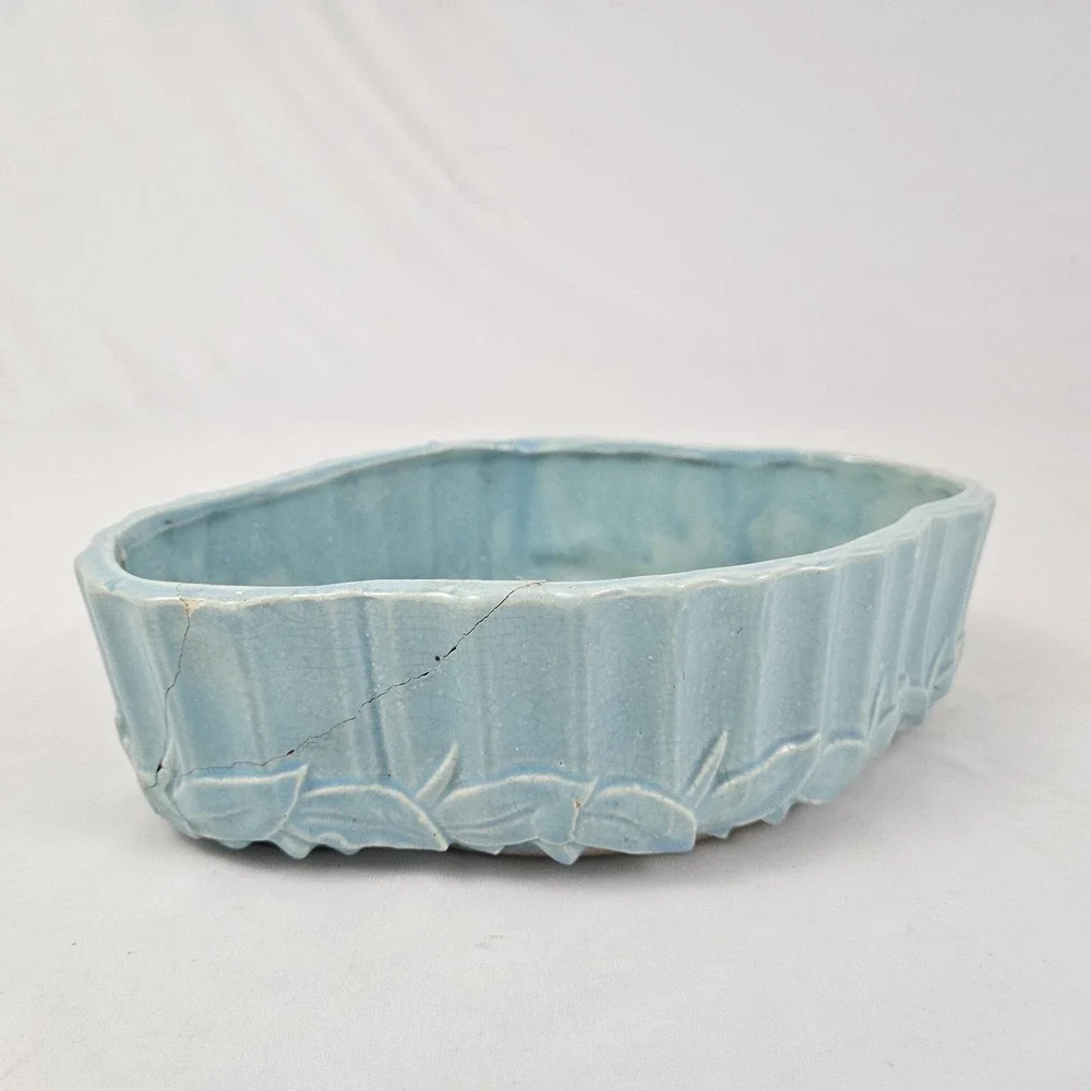 Vintage McCoy Pottery Jardinière Planter Aqua Blue Turquoise Bamboo Leaves 1940 - Picture 4 of 14